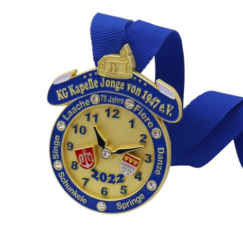 Custom blue ribbon small size matt gold soft enamel medal carnival reshinstone clock