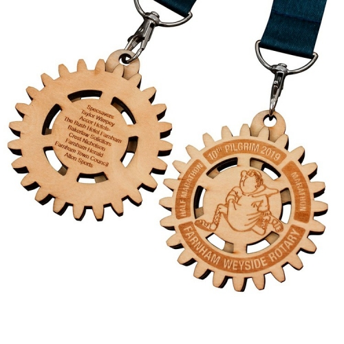 Custom 30 KM Running Two Side OEM logo Wooden Medallion Medal with Rope & Ribbon